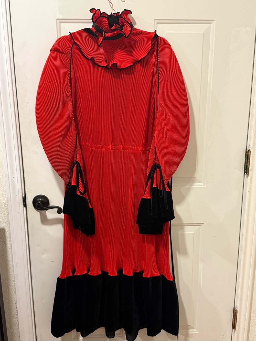 Tory Burch Red and Black Long Sleeve Pleated Ruffle Midi Dress